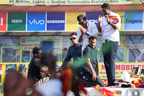 Tamilaga Vettri Kazhagam (TVK) chief Vijay during a campaign ahead of Tamil Nadu Assembly elections.