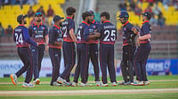 | Photo: X/CricketNep : Nepal cricketers celebrate their win against UAE in 2nd T20I at Kirtipur. 