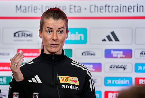 New head coach of German Bundesliga soccer club 1. FC Union Berlin Marie-Louise Eta attends a press conference in Berlin, Germany, Thursday, April 16, 2026.
