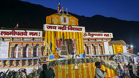 The Badarinath Dham complex is being decorated with floral garlands on the eve of its portal-opening ceremony, in Chamoli district, Uttarakhand.