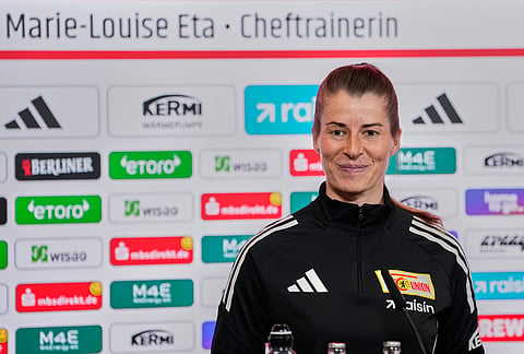 New head coach of German Bundesliga soccer club 1. FC Union Berlin Marie-Louise Eta attends a press conference in Berlin, Germany, Thursday, April 16, 2026. 