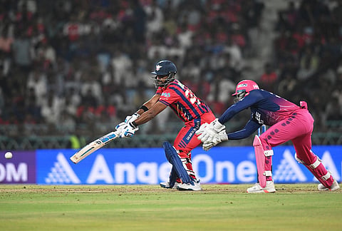 Lucknow Super Giants' Nicholas Pooran plays a shot during the Indian Premier League cricket match between Lucknow Super Giants and Rajasthan Royals in Lucknow.