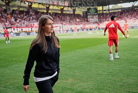 New head coach of German Bundesliga soccer club 1. FC Union Berlin Marie-Louise Eta looks on during the warm up prior to the German Bundesliga soccer match between FC Union Berlin and Wolfsburg in Berlin, Germany.