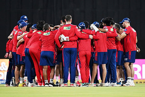 Team Lucknow Super Giants forms a huddle before the start of the Indian Premier League cricket match between Lucknow Super Giants and Rajasthan Royals in Lucknow.