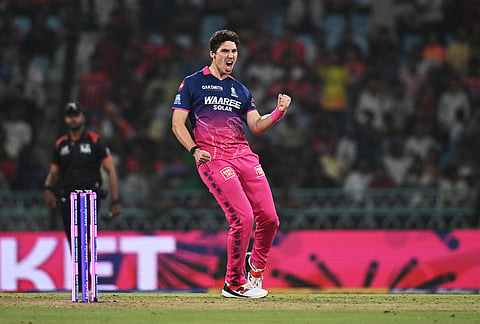 Rajasthan Royals' Nandre Burger celebrates the wicket of Lucknow Super Giants' Mitchell Marsh during the Indian Premier League cricket match between Lucknow Super Giants and Rajasthan Royals in Lucknow.