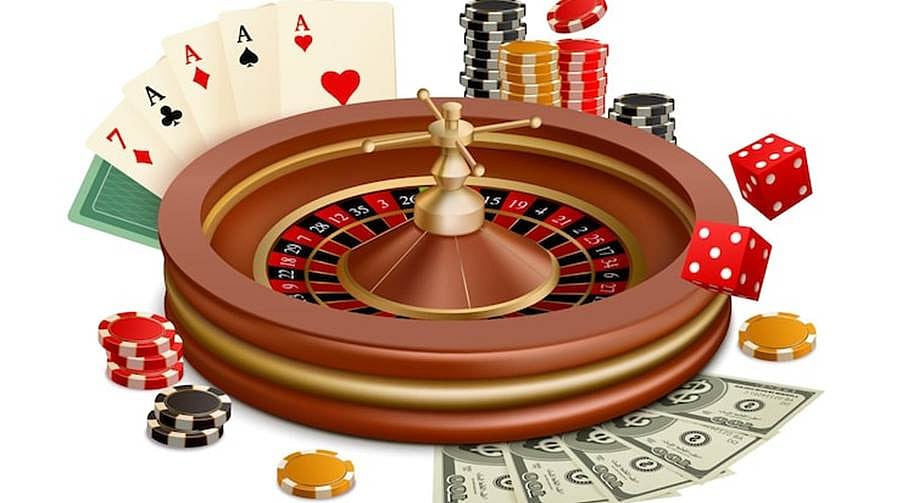 Roulette wheel with playing cards, chips, dice, and cash on a casino table