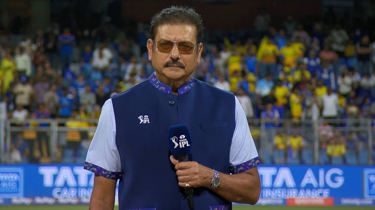 Former India cricketer and commentator Ravi Shastri at the toss for the Indian Premier League match between Chennai Super Kings and Mumbai Indians. - X/Indian Premier League