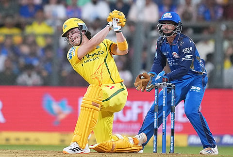 Chennai Super Kings' Dewald Brevis hits a six during the Indian Premier League cricket match between Mumbai Indians and Chennai Super Kings in Mumbai.