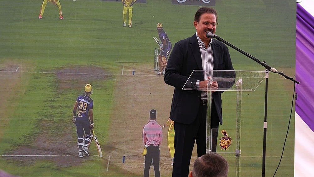 Venky Mysore, the chief executive officer (CEO) and managing director of the Kolkata Knight Riders (KKR) welcomes guests to the groundbreaking ceremony for the official home field for the Los Angeles Knight Riders for 2026, and the future venue of the LA 2028 Olympics Fairgrounds Cricket Stadium at the Pomona Fairplex in Pomona, California. - | Photo: AP/Damian Dovarganes