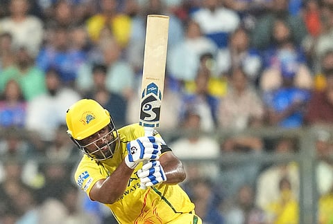 Chennai Super Kings' Sanju Samson hits a six during the Indian Premier League cricket match between Mumbai Indians and Chennai Super Kings in Mumbai.