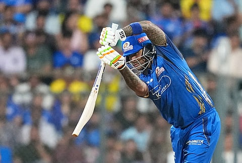 Mumbai Indians' Suryakumar Yadav plays a shot during the Indian Premier League cricket match between Mumbai Indians and Chennai Super Kings in Mumbai.