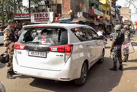The vehicle of BJP candidate Agnimitra Paul with its rear window shattered after alleged stone pelting, in Rahmat Nagar area of Asansol during the West Bengal Assembly elections.