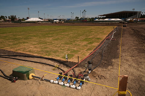 New fresh grass is grown for a world-class cricket pitch at the Pomona Fairplex seen during the groundbreaking of the new Knight Riders Cricket Field, which will serve as the Los Angeles Knight Riders' official home field for 2026 and later host cricket at the LA 2028 Olympics.
