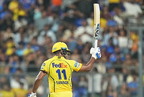 Chennai Super Kings' Sanju Samson celebrates his fifty runs during the Indian Premier League cricket match between Mumbai Indians and Chennai Super Kings in Mumbai.