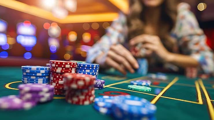 Stacks of colorful casino chips on a poker table - null