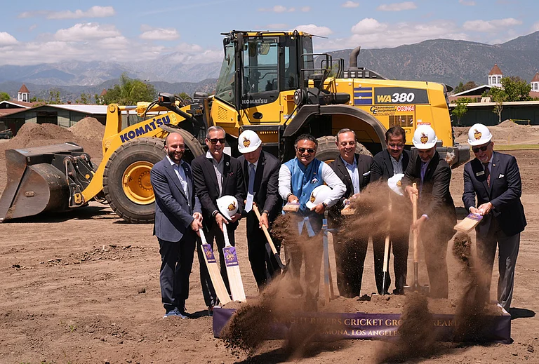 Officials break ground for the new Knight Riders Cricket Field, which will serve as the Los Angeles Knight Riders' official home field for 2026 and later host cricket at the LA 2028 Olympics, at the Pomona Fairplex in Pomona, California. - | Photo: AP/Damian Dovarganes