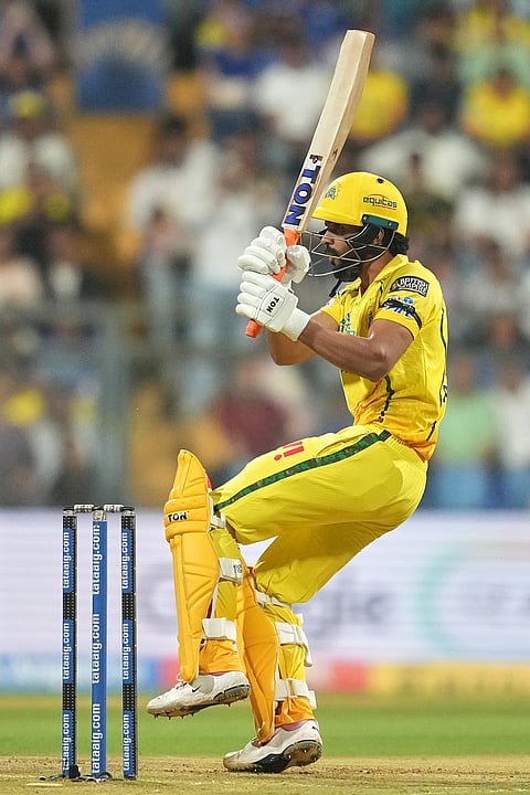 Chennai Super Kings' captain Ruturaj Gaikwad plays a shot during the Indian Premier League cricket match between Mumbai Indians and Chennai Super Kings in Mumbai.