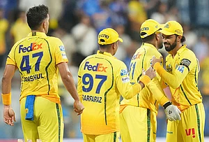 | Photo: AP/Rafiq Maqbool : Chennai Super Kings' captain Ruturaj Gaikwad, right, celebrates with teammates after winning the Indian Premier League cricket match between Mumbai Indians and Chennai Super Kings in Mumbai.