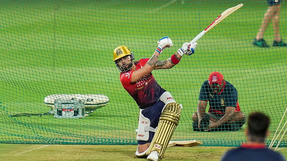 Bengaluru: Royal Challengers Bengaluru’s Virat Kohli during a practice session ahead of the Indian Premier League (IPL) 2026 cricket match against Sunrisers Hyderabad, at M. Chinnaswamy Stadium in Bengaluru. - | Photo: PTI/Shailendra Bhojak