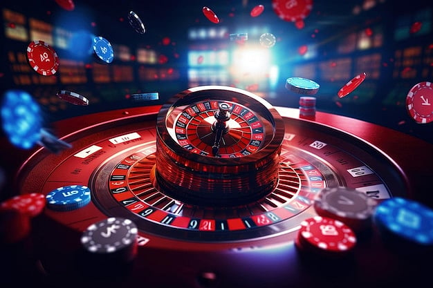 Spinning roulette wheel with flying casino chips - null