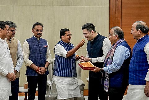 BJP National President Nitin Nabin meets Rajya Sabha MPs Raghav Chadha, Sandeep Pathak and Ashok Mittal at the party's headquarters, in New Delhi. Aam Aadmi Party (AAP) Rajya Sabha MPs Chadha and Sandeep Pathak on Friday announced that they are joining the BJP along with five other MPs of the party. 