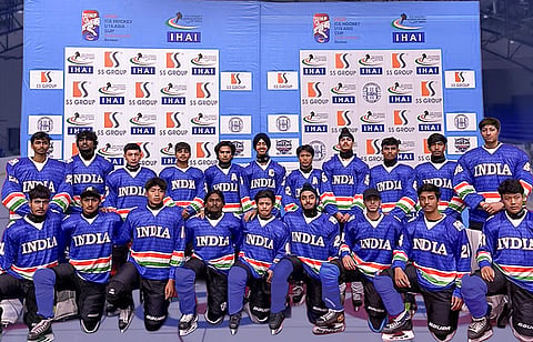 Members of the Gurtej Singh Bhatti-led Indian ice hockey team which will compete in the U18 Asia Cup in Bishkek, Kyrgyzstan from April 27 to May 3, 2026. 