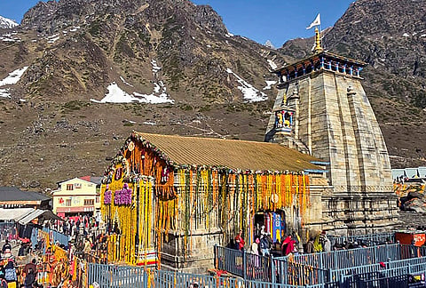 People throng at the premises of Kedarnath Temple, in Rudraprayag district, Uttarakhand.