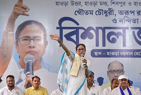 West Bengal Chief Minister Mamata Banerjee addresses a public meeting ahead of the second phase of the state Assembly elections, in Howrah district.
