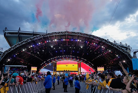 Fireworks explode over the draft stage before the first round of the NFL football draft, in Pittsburgh. 