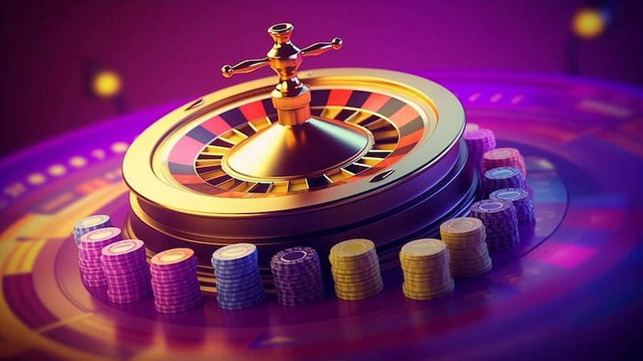 Golden roulette wheel with stacks of poker chips - null