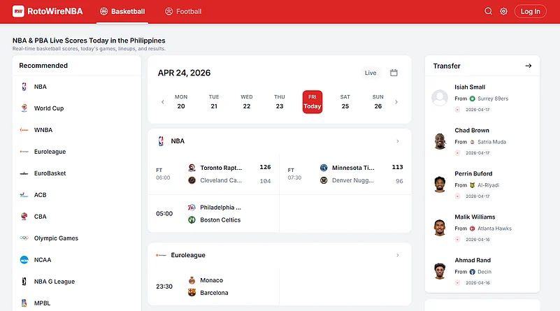 NBA scores and transfer updates on a website