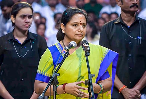 Former Telangana Chief Minister K Chandrasekhar Rao's daughter, K Kavitha addresses the gathering as she launches a political outfit, named 'Telangana Rashtra Sena' (TRS), in Hyderabad. 