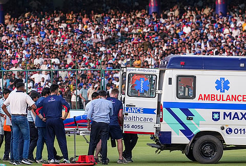 Delhi Capitals' Lungi Ngidi being taken by an ambulance after facing an injury during the Indian Premier League (IPL) 2026 T20 cricket match between Delhi Capitals and Punjab Kings, in New Delhi.