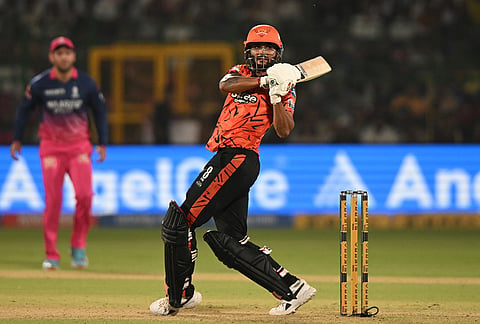 Sunrisers Hyderabad's Nitish Kumar Reddy plays a shot during the Indian Premier League cricket match between Rajasthan Royals and Sunrisers Hyderabad in Jaipur.