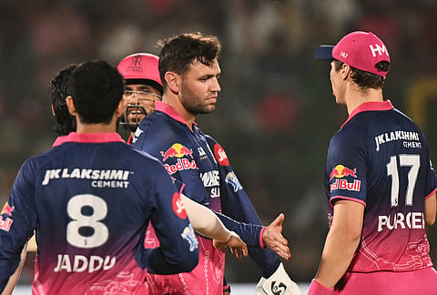 Rajasthan Royals' Donovan Ferreira celebrates the wicket of Sunrisers Hyderabad's Abhishek Sharma during the Indian Premier League cricket match between Rajasthan Royals and Sunrisers Hyderabad in Jaipur.