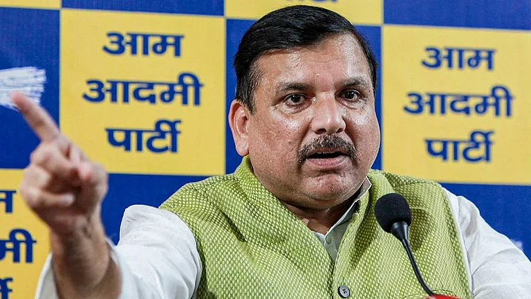 AAP leader Sanjay Singh addresses a press conference, in New Delhi. Singh on Friday slammed the party's Rajya Sabha members' defection as a work of the BJP under 'Operation Lotus', and said that the people of Punjab will not forgive the seven who quit. - | Photo: PTI