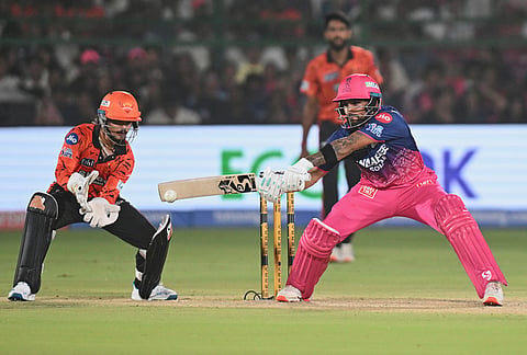 Rajasthan Royals' Dhruv Jurel plays a shot during the Indian Premier League cricket match between Rajasthan Royals and Sunrisers Hyderabad in Jaipur.