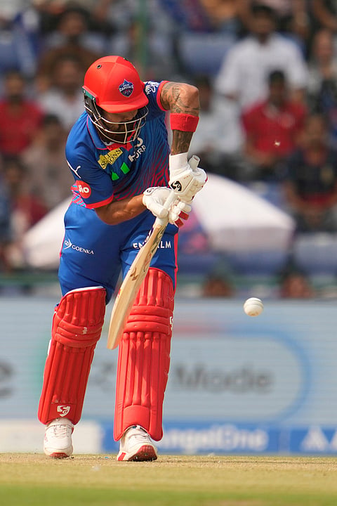 Delhi Capitals' KL Rahul plays a shot during the Indian Premier League cricket match between Delhi Capitals and Punjab Kings in New Delhi.