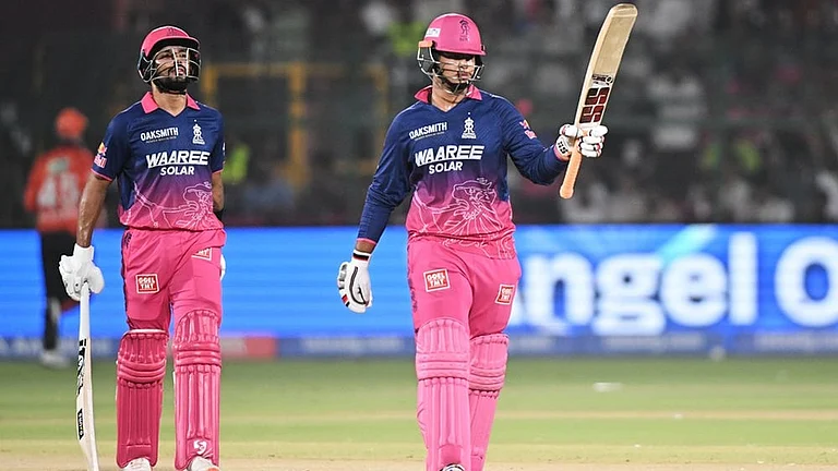 Rajasthan Royals' Vaibhav Sooryavanshi celebrates his fifty runs during the Indian Premier League cricket match between Rajasthan Royals and Sunrisers Hyderabad in Jaipur. - | Photo: AP