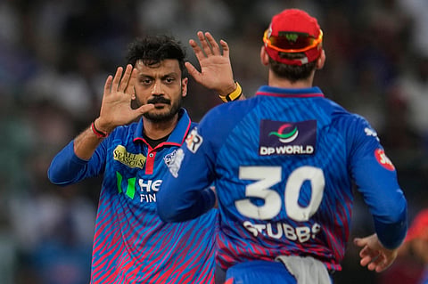 Delhi Capitals' captain Axar Patel, left, celebrates with Tristan Stubbs the wicket of Punjab Kings' Priyansh Arya during the Indian Premier League cricket match between Delhi Capitals and Punjab Kings in New Delhi.