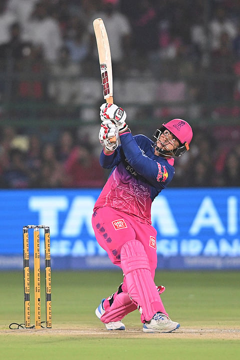 Rajasthan Royals' Vaibhav Sooryavanshi hits a six during the Indian Premier League cricket match between Rajasthan Royals and Sunrisers Hyderabad in Jaipur.