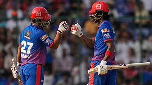 AP/Manish Swarup : KL Rahul, left, and batting partner Nitish Rana in action during the Indian Premier League match between Delhi Capitals and Punjab Kings in New Delhi.