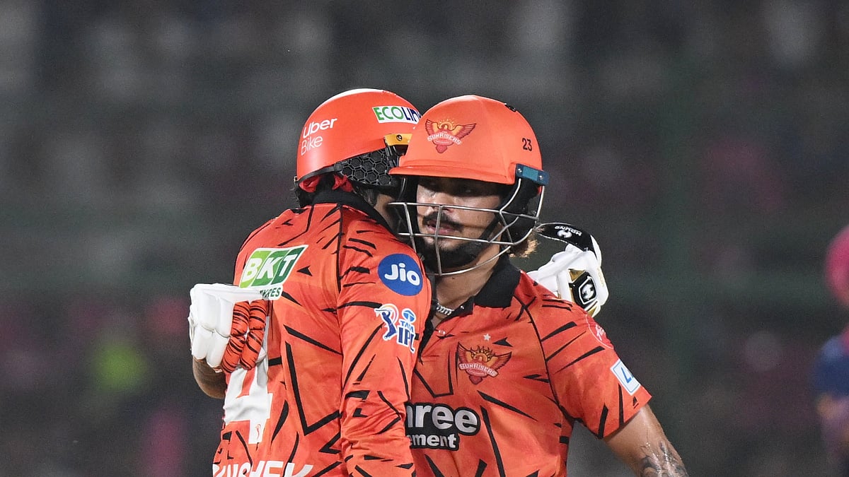 Sunrisers Hyderabad's Ishan Kishan congratulates Abhishek Sharma for scoring a fifty runs during the Indian Premier League cricket match between Rajasthan Royals and Sunrisers Hyderabad in Jaipur, India, Saturday, April 25, 2026. - (AP Photo)