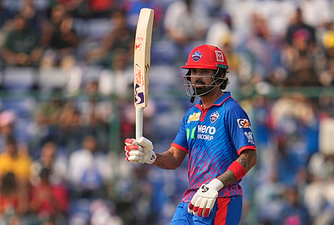 Delhi Capitals' KL Rahul celebrates his fifty runs during the Indian Premier League cricket match between Delhi Capitals and Punjab Kings in New Delhi.