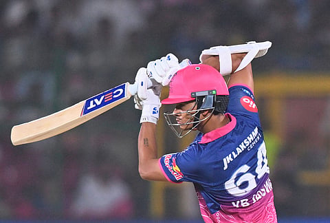 Rajasthan Royals' Yashasvi Jaiswal plays a shot during the Indian Premier League cricket match between Rajasthan Royals and Sunrisers Hyderabad in Jaipur.