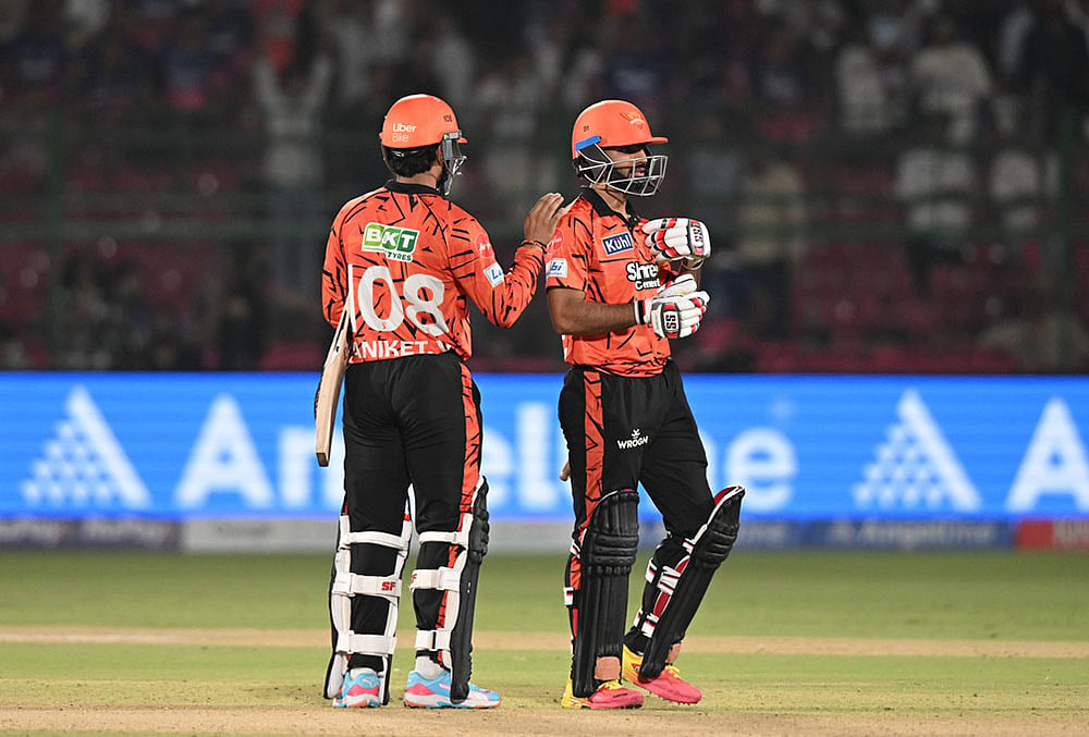 | Photo: AP : Sunrisers Hyderabad's Aniket Verma and Salil Arora celebrate their win in the Indian Premier League cricket match between Rajasthan Royals and Sunrisers Hyderabad in Jaipur.