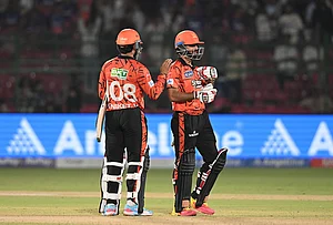 | Photo: AP : Sunrisers Hyderabad's Aniket Verma and Salil Arora celebrate their win in the Indian Premier League cricket match between Rajasthan Royals and Sunrisers Hyderabad in Jaipur.