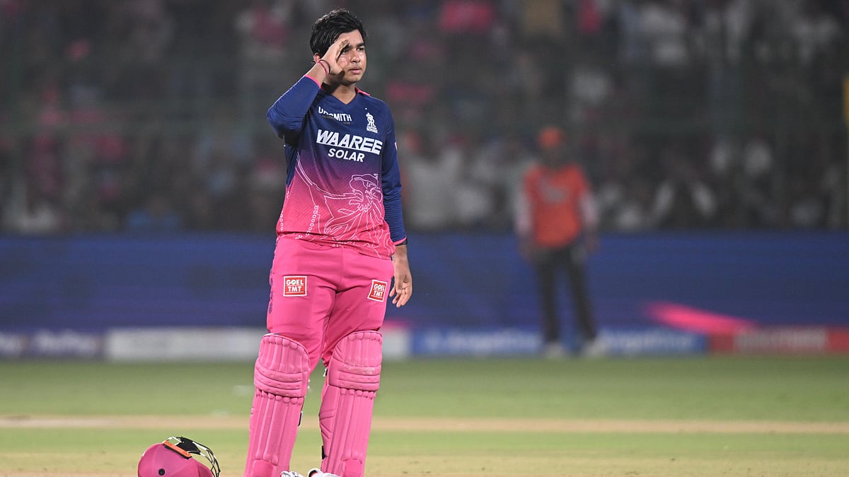 AP Photo : Rajasthan Royals' Vaibhav Sooryavanshi celebrates his century during the Indian Premier League cricket match between Rajasthan Royals and Sunrisers Hyderabad in Jaipur.