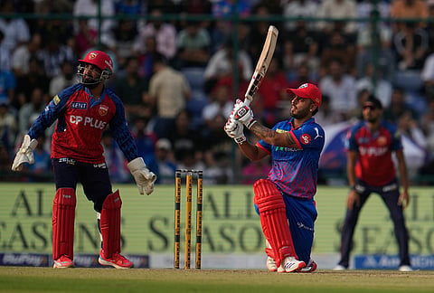 Delhi Capitals' Nitish Rana plays a shot during the Indian Premier League cricket match between Delhi Capitals and Punjab Kings in New Delhi.