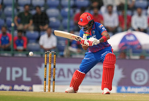 Delhi Capitals' KL Rahul plays a shot during the Indian Premier League cricket match between Delhi Capitals and Punjab Kings in Delhi.